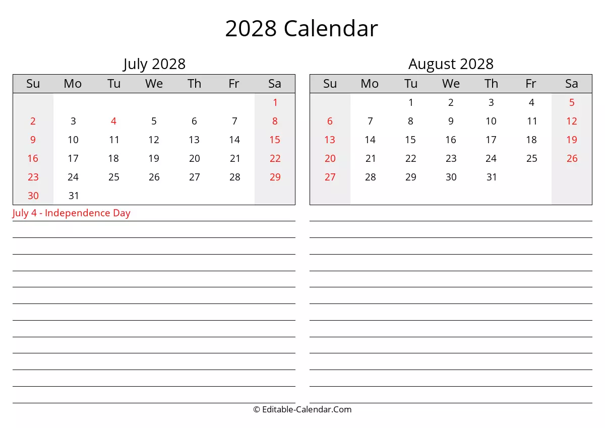 2028 july august calendar with holidays
