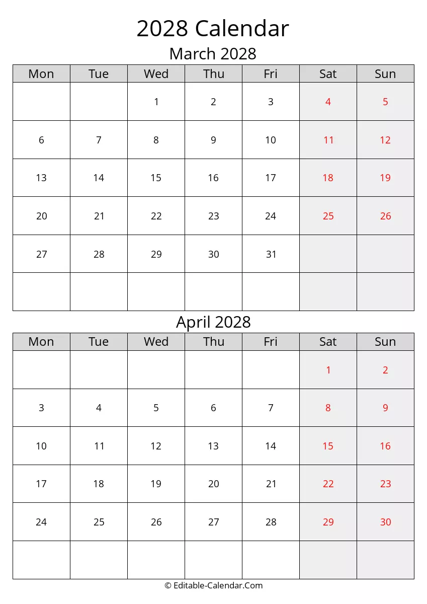 monday start, 2028 march april calendar