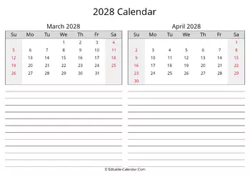 2028 march april calendar with holidays