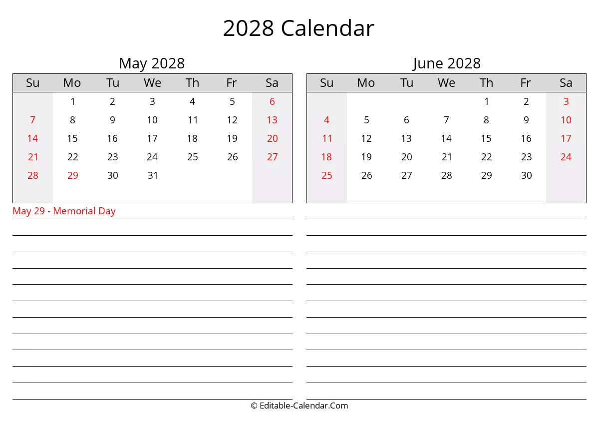 2028 may june calendar with holidays