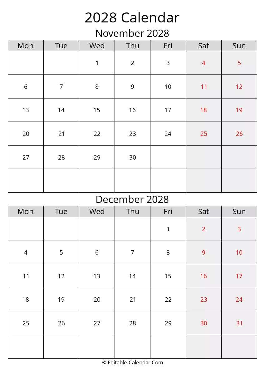 2028 November December Calendar Monday Start