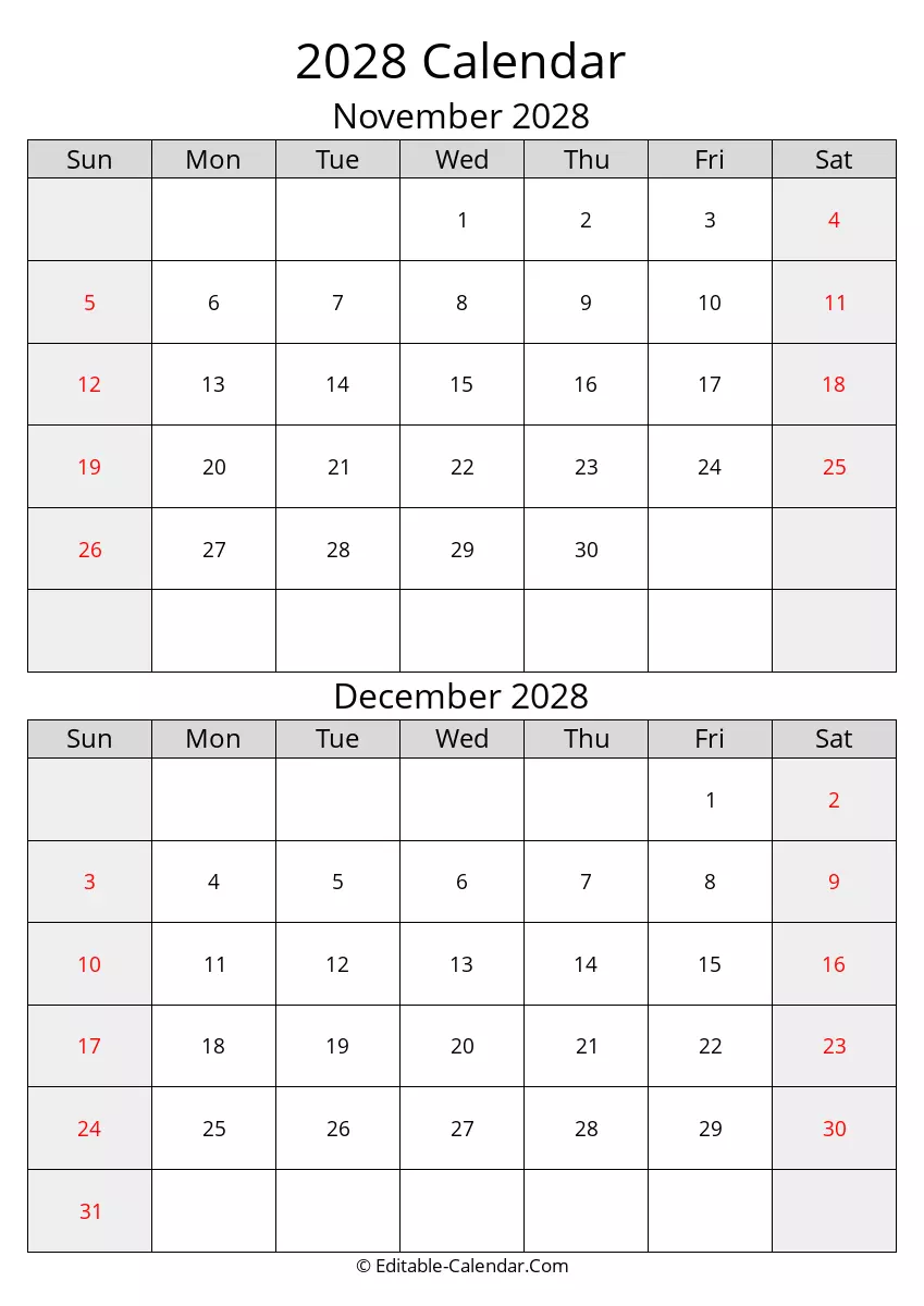 2028 november december calendar