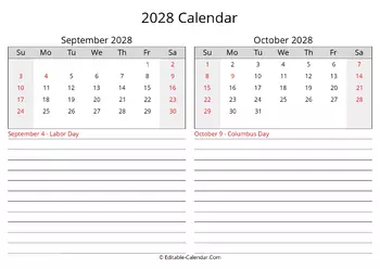 2028 september october calendar with holidays