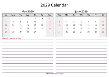 2029 may june calendar with holidays