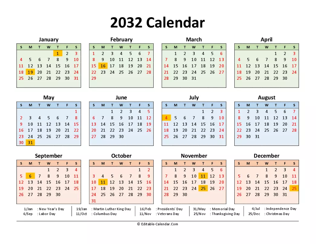 Download 2032 Printable Calendar Free With Us Holidays, weeks start on ...