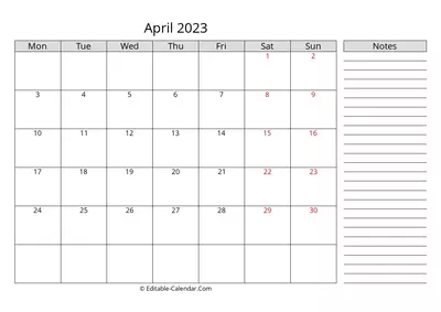 april 2023 calendar with notes, weeks start on monday