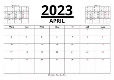 april 2023 printable calendar with previous and next month, monday start