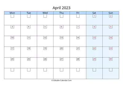 editable 2023 calendar april, weeks start on monday