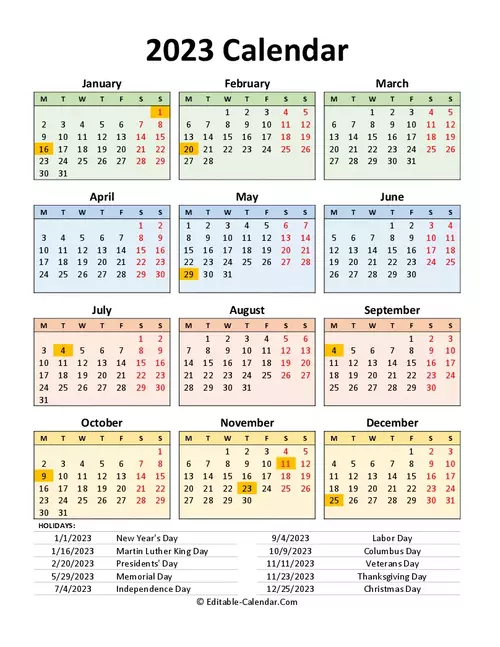 2023 Calendar with US holidays, Editable in Excel, Word, PDF