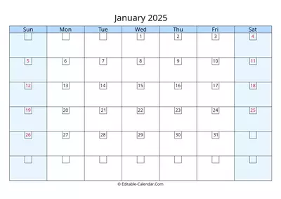 editable 2025 calendar january