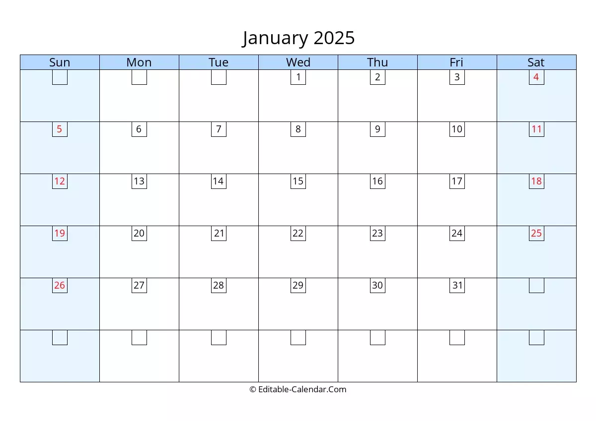 Download Editable 2025 Calendar January, weeks start on Sunday