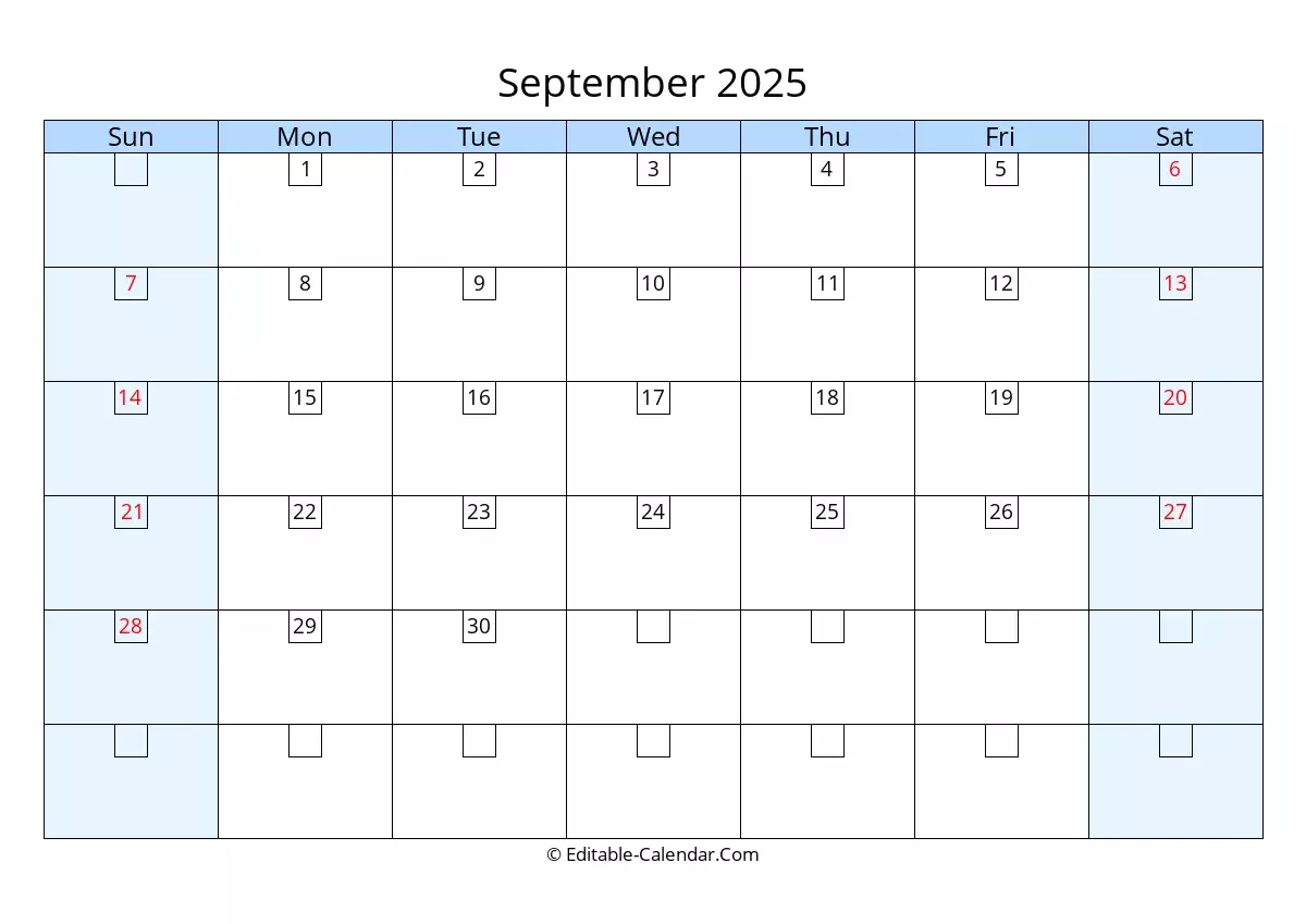 Download Editable 2025 Calendar September, weeks start on Sunday