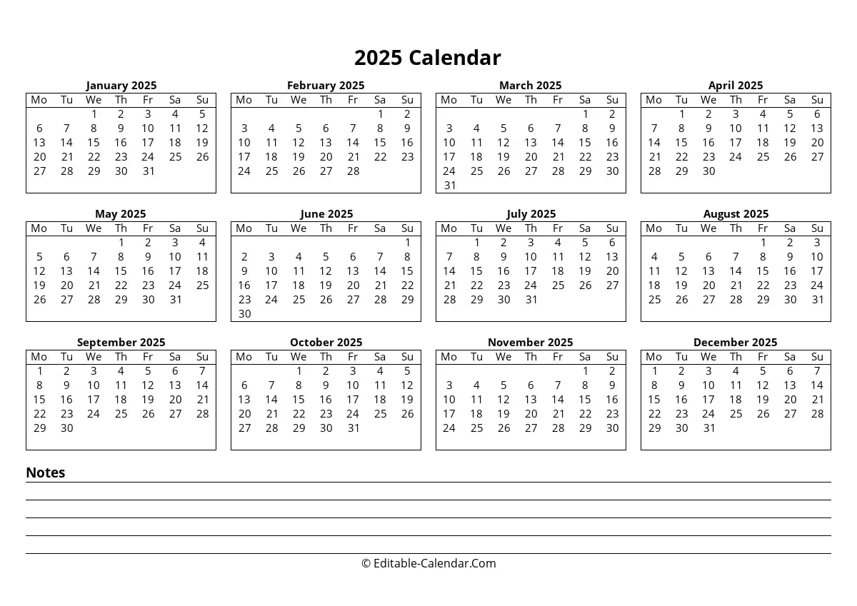 Download Editable 2025 Calendar With Notes, Monday Start