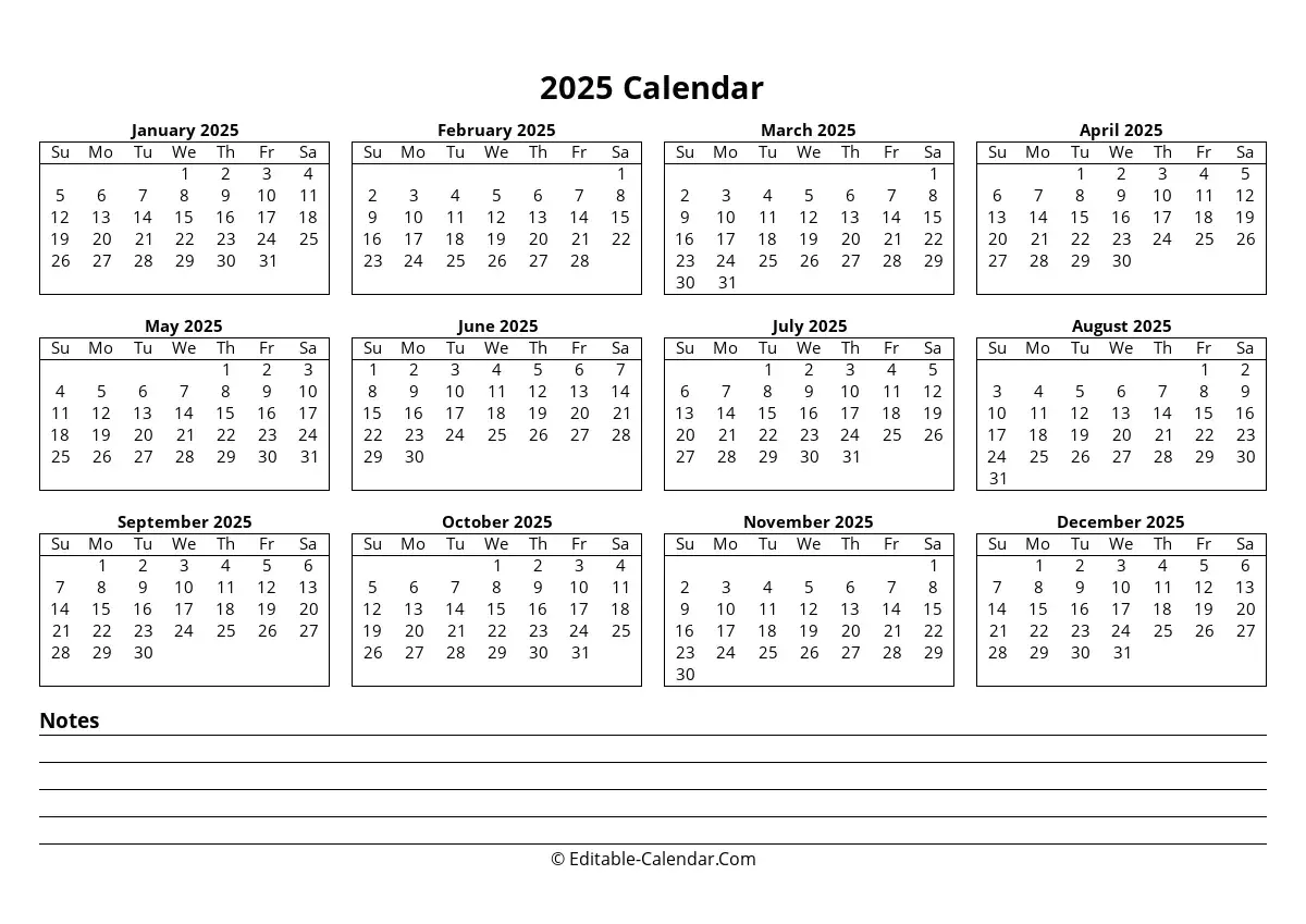 Download Editable 2025 Calendar With Notes, weeks start on Sunday