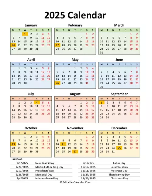 2025 Calendar with US holidays, Editable in Excel, Word, PDF