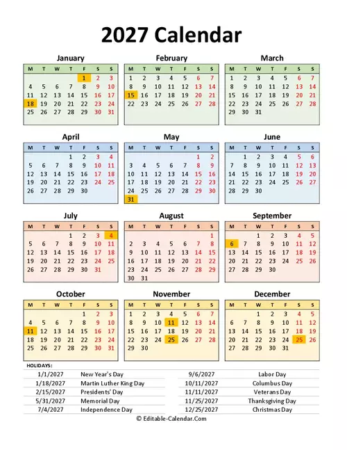 2027 Calendar With Holidays
