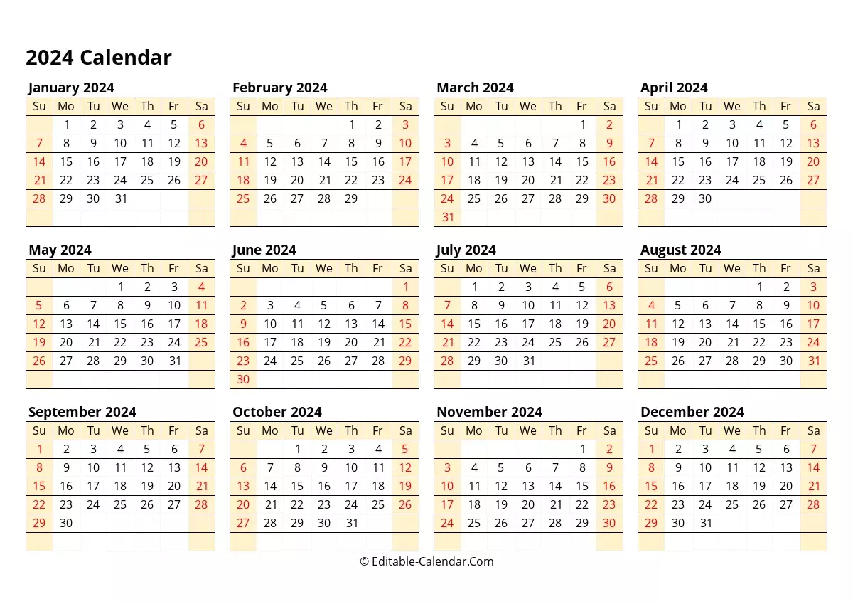 Editable Calendar 2024 in Excel, Word, PDF