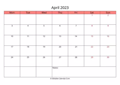 editable calendar april 2023, weeks start on monday