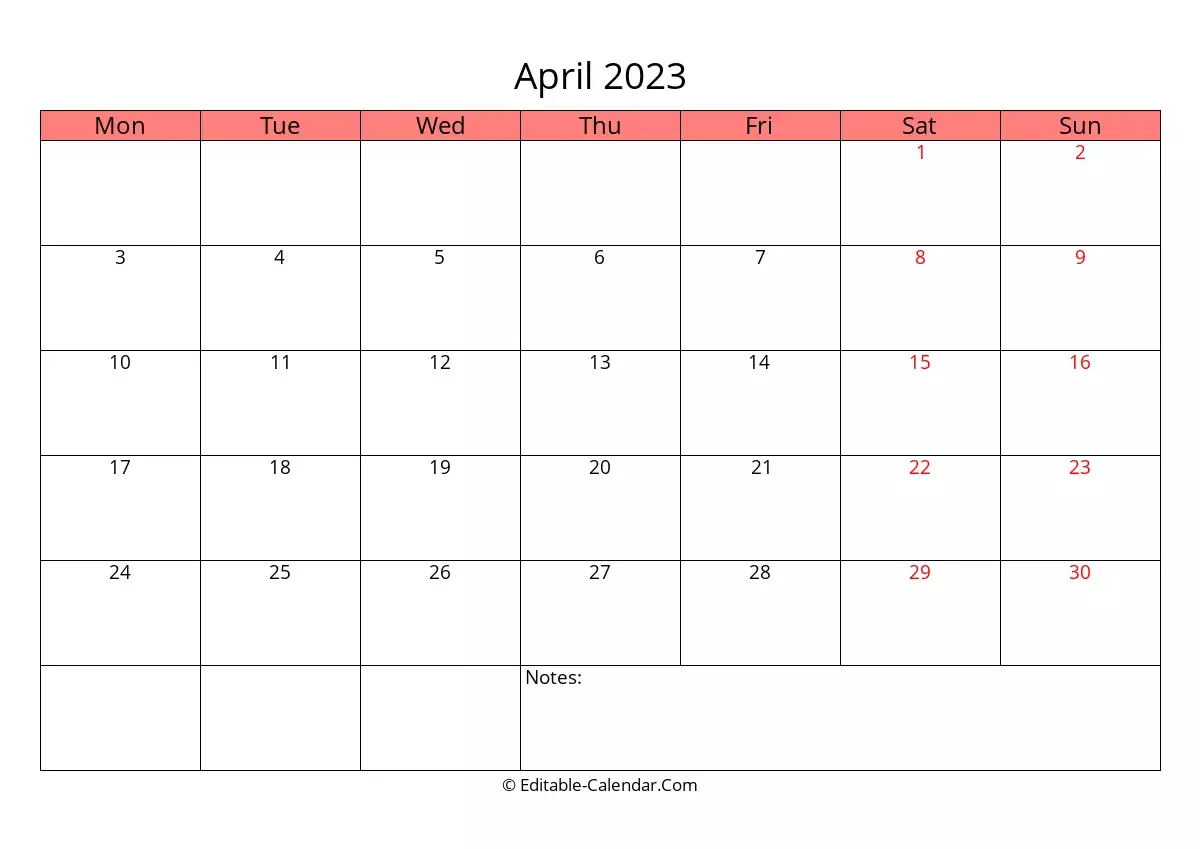 Editable Calendar April 2023 Monday Start