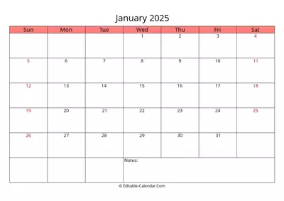 Editable Calendar January 2025 in Excel, Word, PDF