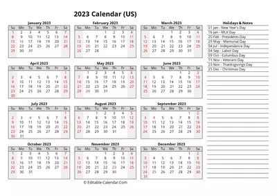 editable calendar template 2023 with us holidays