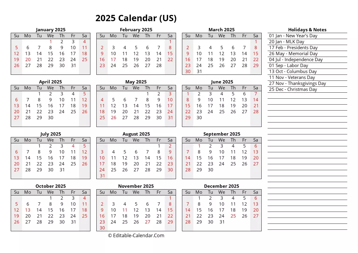 Download Editable Calendar Template 2025 With Us Holidays, weeks start