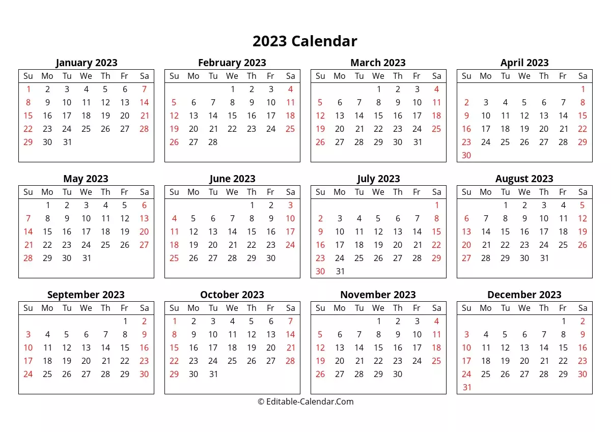 Editable Yearly Calendar 2023 Sunday Start