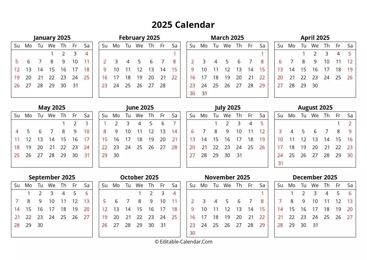 Download Editable Yearly Calendar 2025, Sunday Start