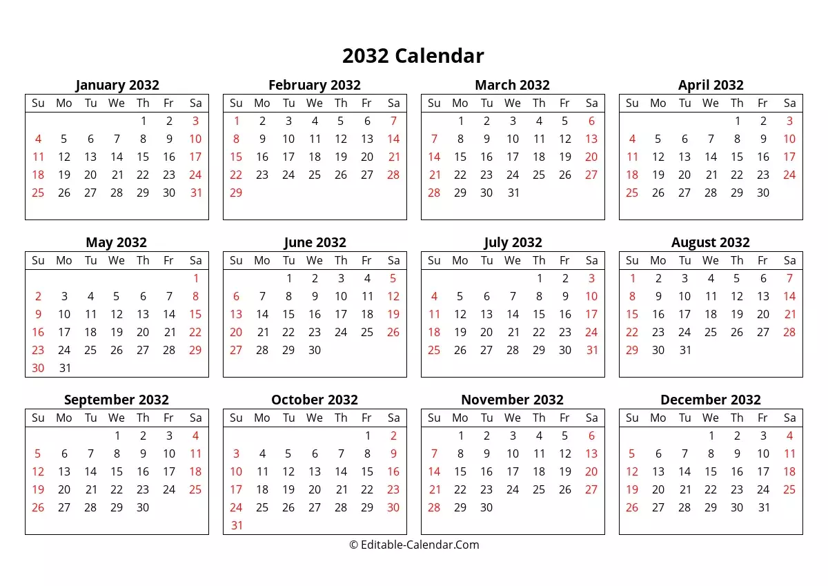 Download Editable Yearly Calendar 2032, Sunday Start