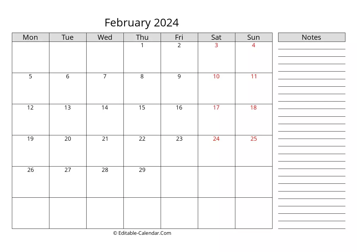 Download February 2024 Calendar With Notes, Monday Start