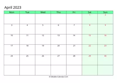 fillable calendar april 2023, weeks start on monday