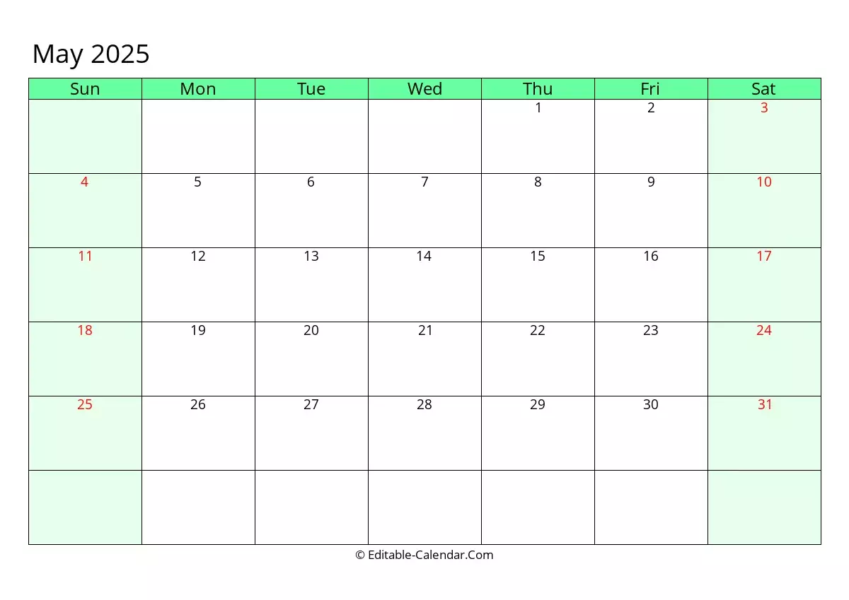 Download Fillable Calendar May 2025, weeks start on Sunday