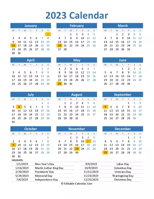 free 2023 printable calendar with us holidays, portrait