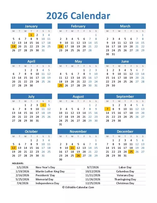 Printable 2026 Calendar With Holidays Jace Printable