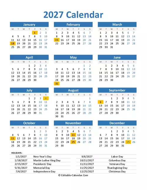 2027 Calendar With Federal Holidays Printable