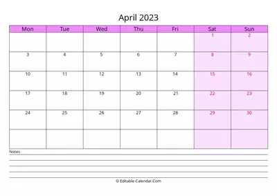 free editable calendar april 2023 with notes, monday start