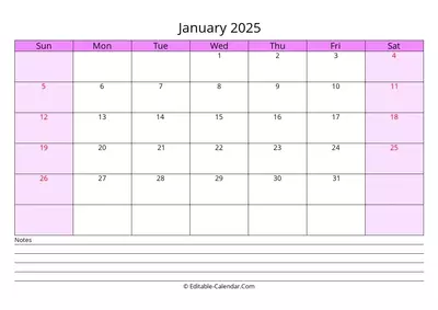 free editable calendar january 2025 with notes