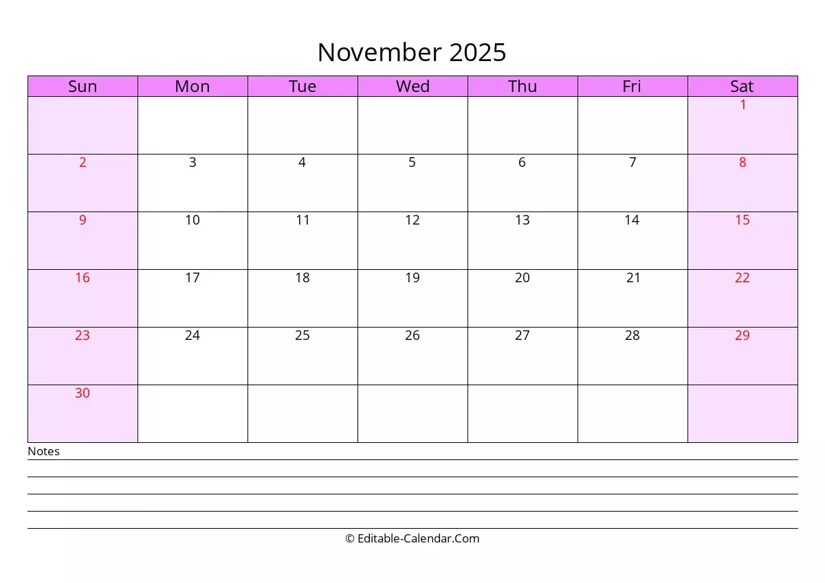 Download Free Editable Calendar November 2025 With Notes, weeks start
