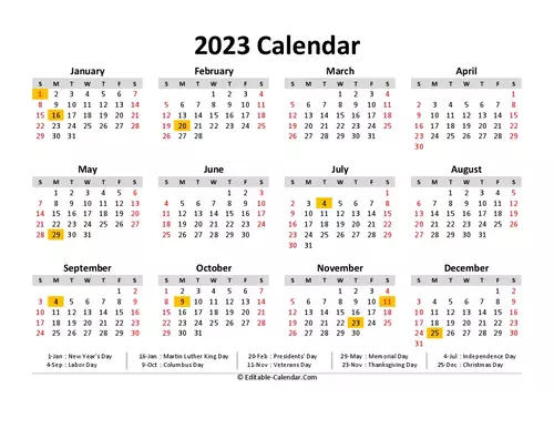 2023 Calendar with US holidays, Editable in Excel, Word, PDF