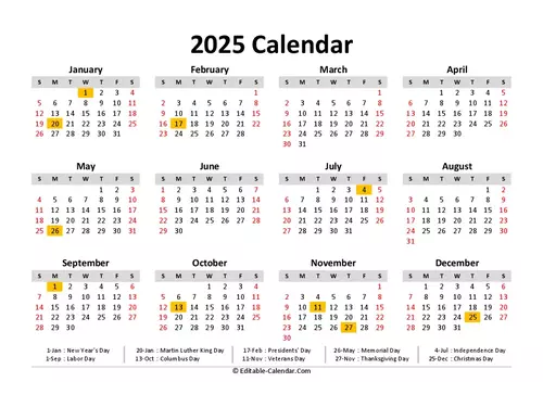 2025 Calendar with US holidays, Editable in Excel, Word, PDF