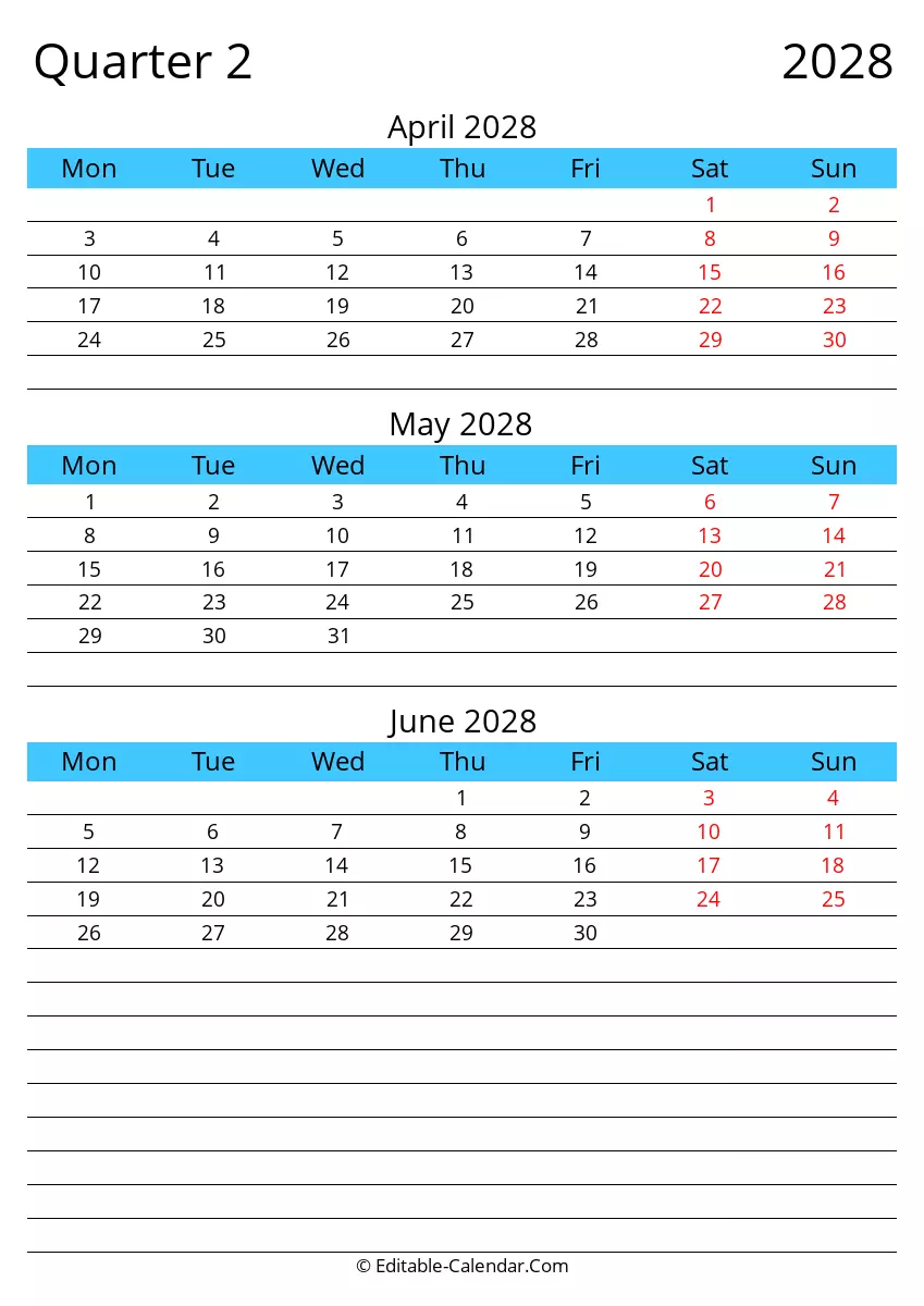 Free Printable Quarter 2 2028 Monday Start