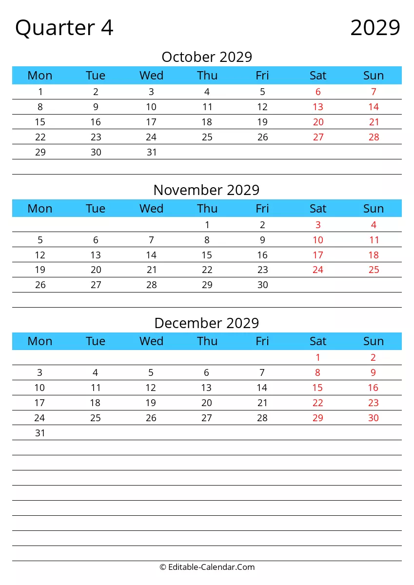 Free Printable Quarter 4 2029 Monday Start