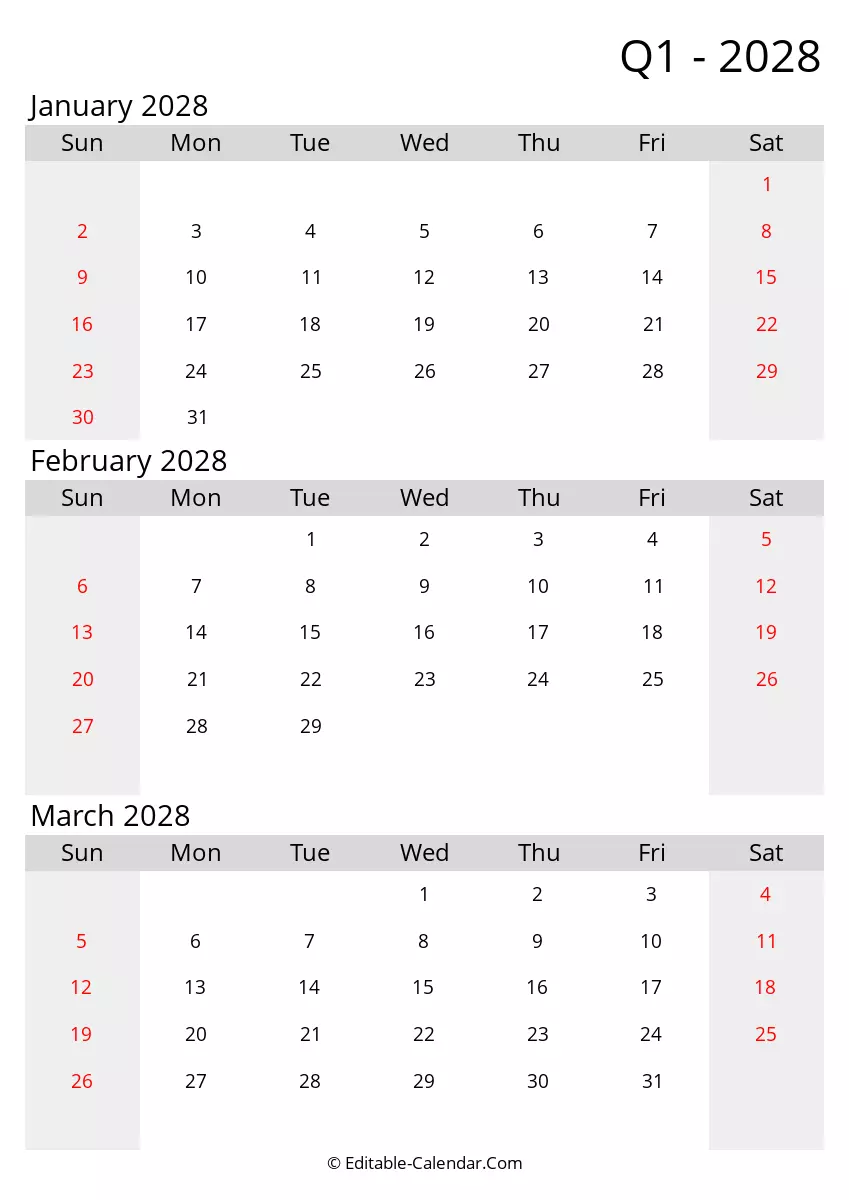 Gray Quarterly Calendar Q1 2028 Sunday Start