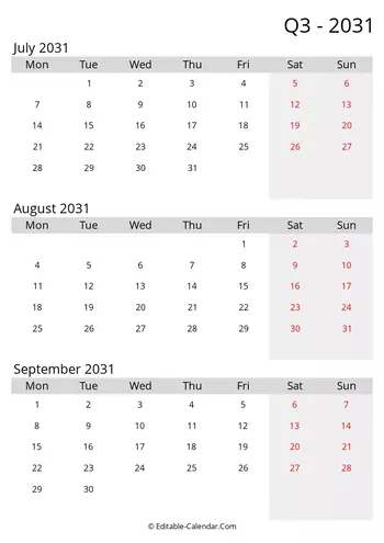 quarterly calendar q3 2031 in Excel, Word, PDF, monday start