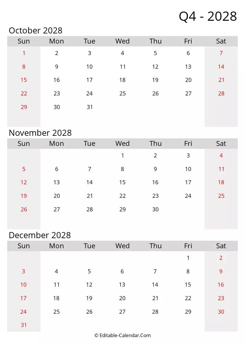Gray Quarterly Calendar Q4 2028 Sunday Start