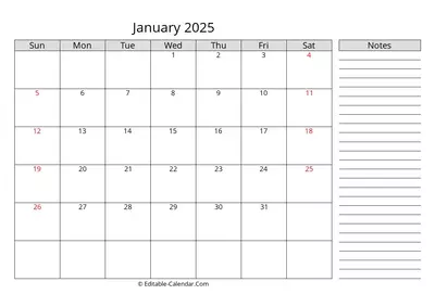january 2025 calendar with notes