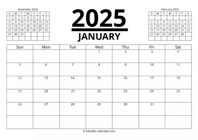january 2025 printable calendar with previous and next month