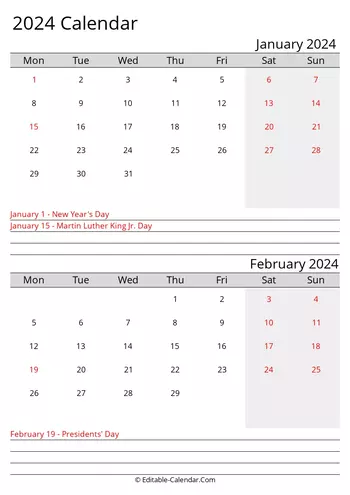 january and february 2024 printable calendar monday start