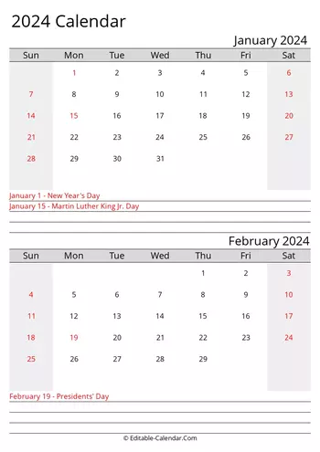 january and february 2024 printable calendar