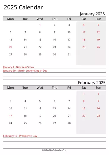 january and february 2025 printable calendar monday start